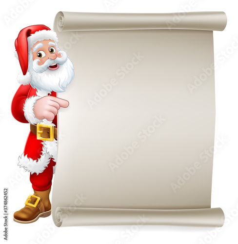 Santa Claus Christmas cartoon character peeking around a scroll sign background and pointing at copyspace.