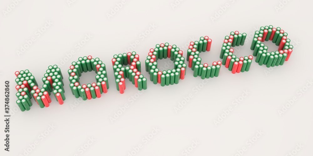 MOROCCO text made with many batteries. Electrical technologies related 3d rendering