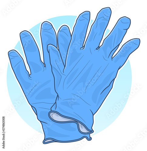 Blue latex medical gloves on the blue circle background. Personal virus protective medical equipment. 