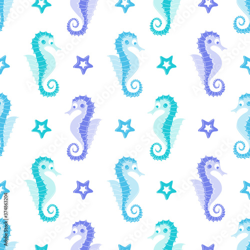Sea horses and starfishes seamless pattern on white background
