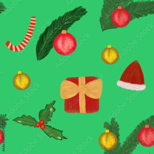 Fototapeta Naklejka Na Ścianę i Meble -  seamless pattern with christmas decorations on green background. red gift bow with golden bow, christmas tree, Christmas balls, candy cane, Santa hat, mistletoe. Print, packaging, wallpaper, textile