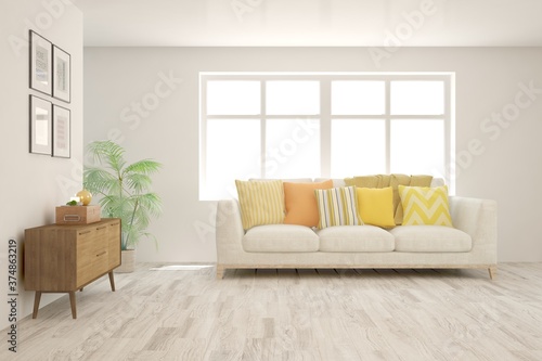 White living room with sofa. Scandinavian interior design. 3D illustration