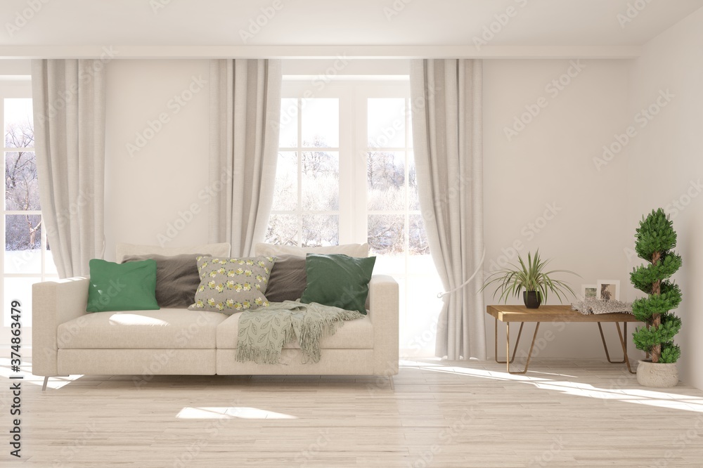 Fototapeta premium White living room with sofa and winter landscape in window. Scandinavian interior design. 3D illustration