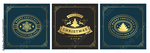 Christmas square banners vintage typographic design, ornate decorations symbols vector illustration
