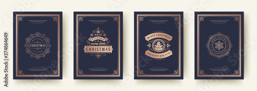 Christmas greeting cards set vintage design, ornate decoration symbols and winter holidays wishes vector illustration