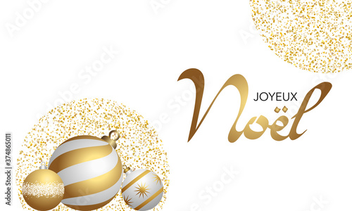2021- carte d’invitation pour les Fêtes blanche et or avec un graphisme simple décorée de boules de Noël. 