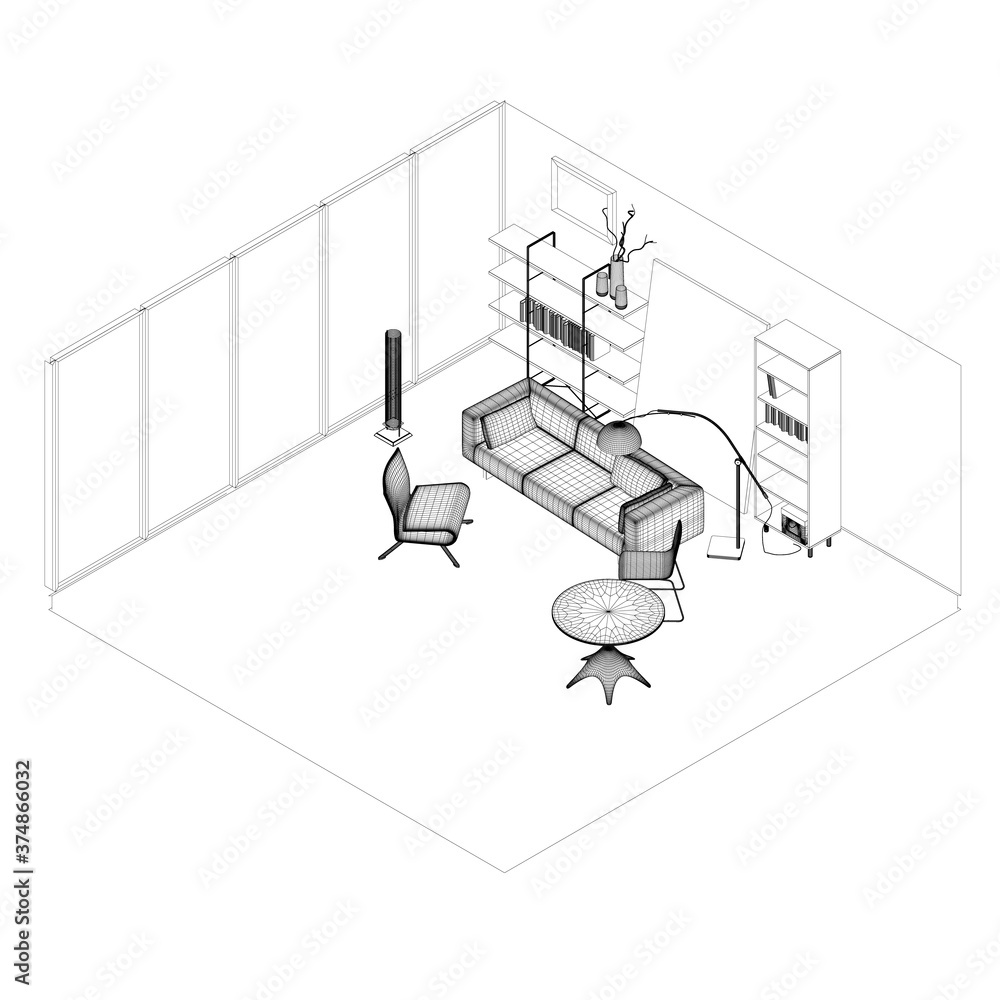 Living room interior wireframe. Isometric view. 3D. Vector illustration