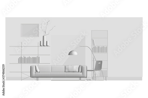 Low poly living room interior. Front view. 3D. Vector illustration