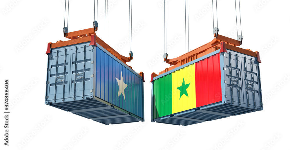 Freight containers with Somalia and Senegal flag. 3D Rendering 