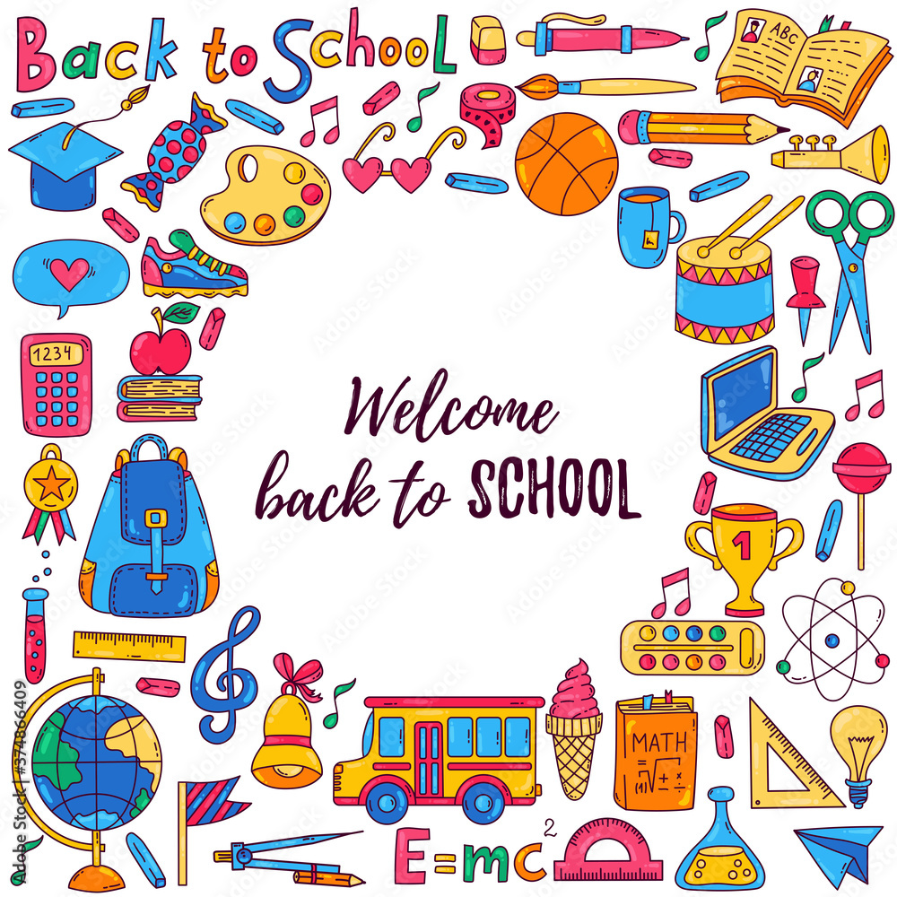 Back to school cute icons collection round shape design vector set