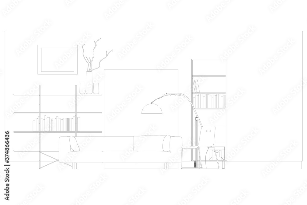 The outline of the interior of the living room. Front view. Vector illustration The outline of the interior of the living room. Front view. Vector illustration