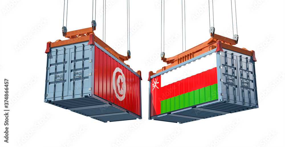 Freight containers with Oman and Tunisia flag. 3D Rendering Freight containers with Oman and Tunisia flag. 3D Rendering