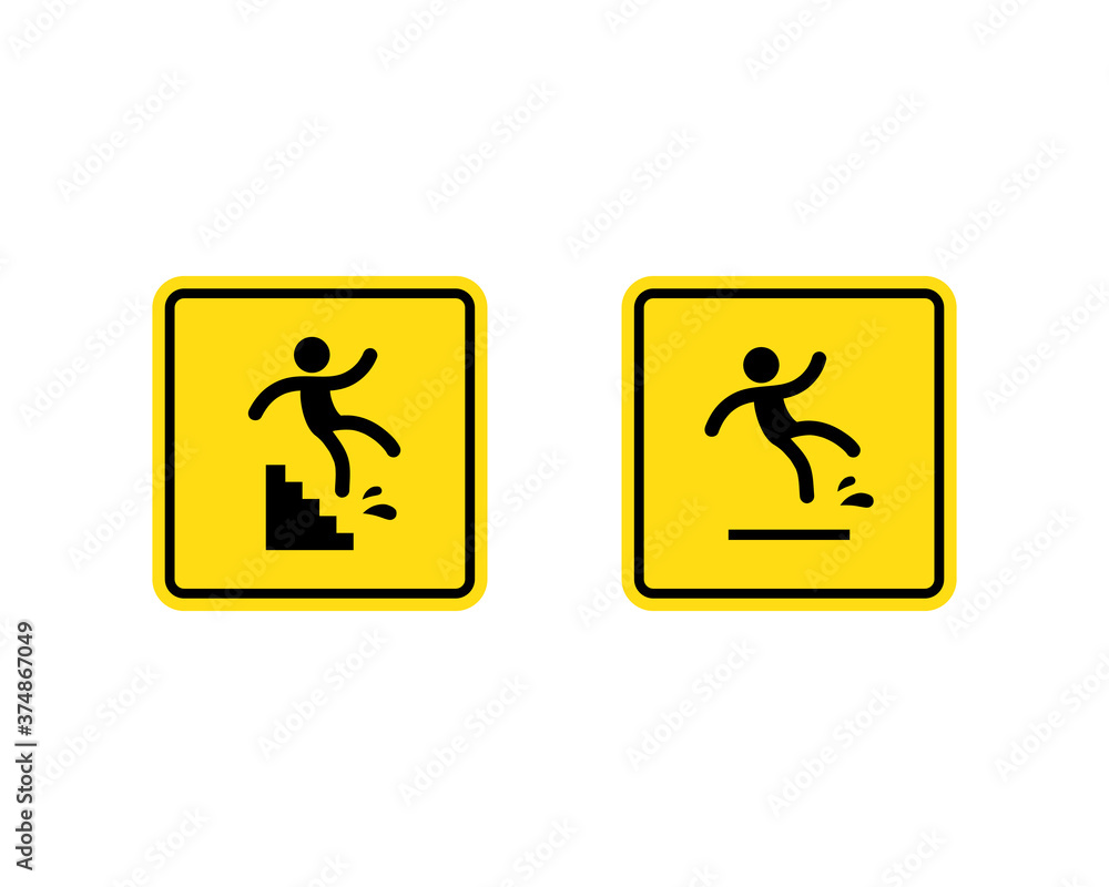 Caution symbols with stick figure man falling. Wet floor, tripping on stairs, fall down from ladder and over the egde. Vector on isolated white background. EPS 10