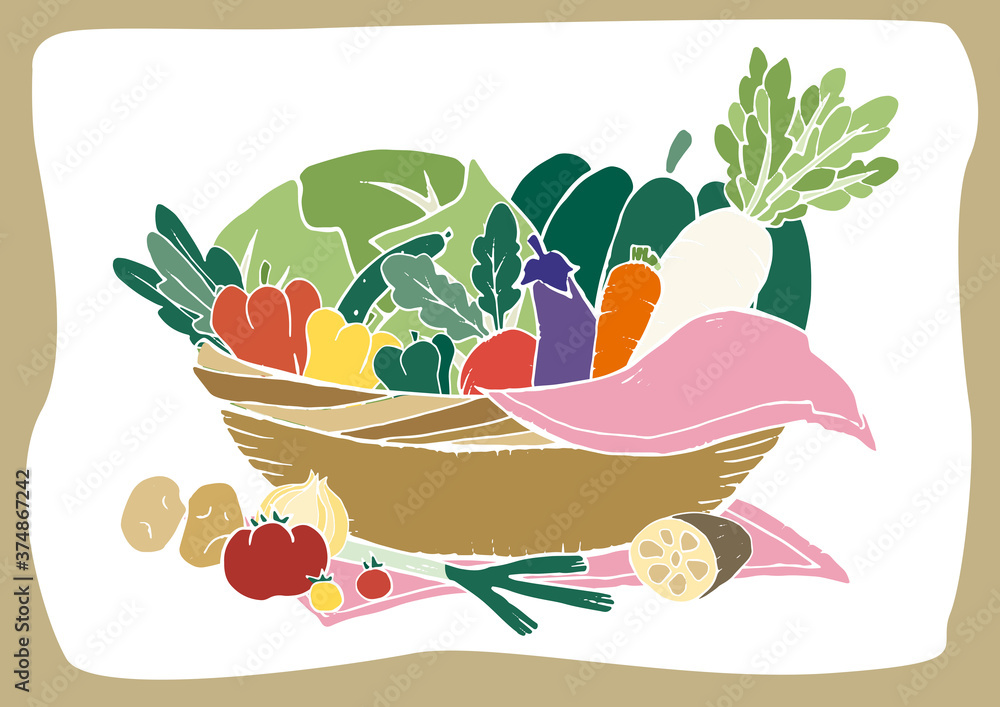 カゴに入った野菜のアイコン 盛り合わせ レトロな手書きイラスト レトロカラー Stock Illustration Adobe Stock