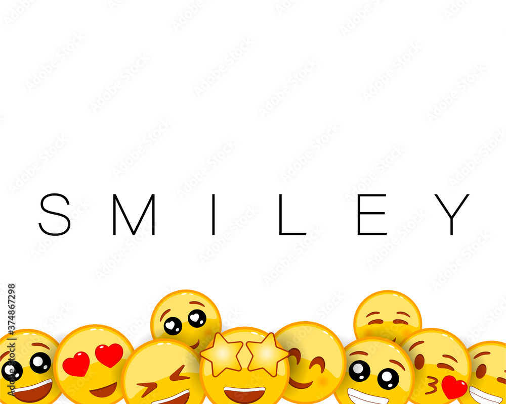 Smiley background design with yellow emoticons of funny and happy facial  expressions. Empty blank space for text. Set of emoji. Vector on isolated  white background. EPS 10 Stock Vector | Adobe Stock