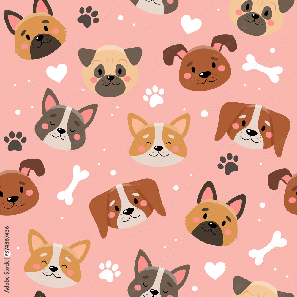 Cute pets pattern with different dogs. Vector illustration in flat style