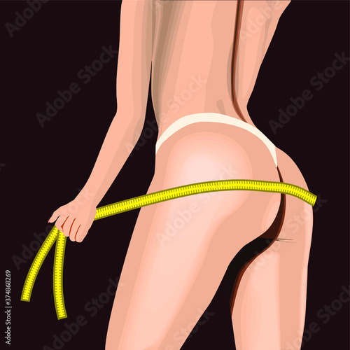 Woman measures the circumference of her thighs and buttocks with a centimeter tape. The concept of weight loss, proper nutrition, fitness. Vector illustration EPS 10. 