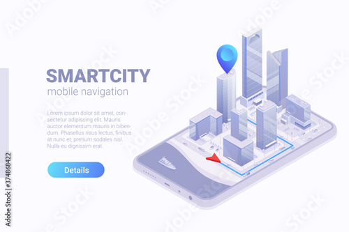 Isometric Flat 3D Smartcity mobile GPS Navigation vector concept.
