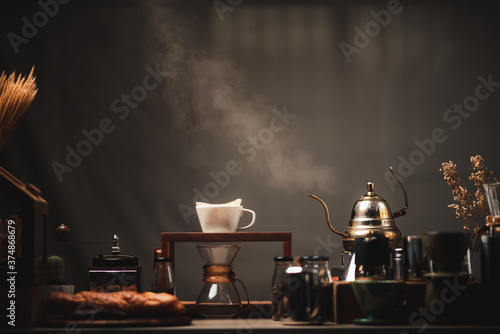 concept of coffee drip filter process with coffeemaker, vintage style cafe