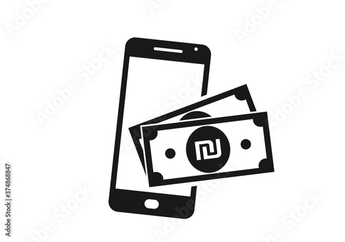 mobile phone payment icon. israeli sheqel bill on smart phone.