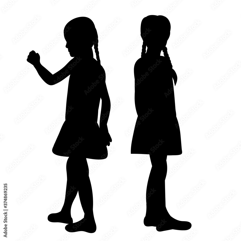vector, isolated, black silhouettes children, little girls