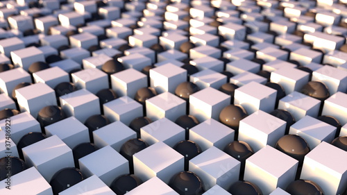 3d rendering isometric backdrop. Wavy surface of cubes and balls arranged in a checkerboard design, computer generated.