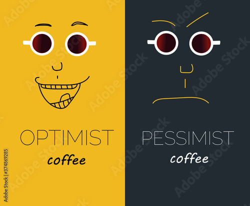 PESSIMIST and optimist cafe, coffee cup, signboard, flyer, yellow background and dark background, vector