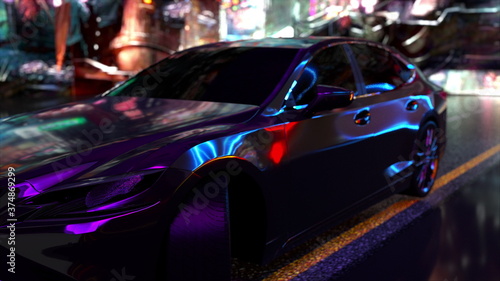 Modern car on a city street at night, computer generated. Cyberpunk composition. 3d rendering videogame backdrop. © turbomotion046
