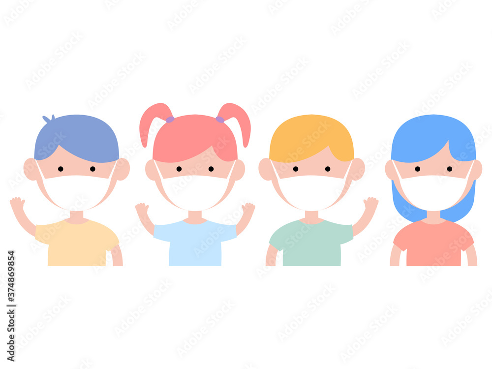 Children set wearing in protective medical masks on quarantine. Disease, flu, contaminated air, world pollution, pandemic concept. Vector illustration in a flat style isolated. Back to school concept Children set wearing in protective medical masks on quarantine. Disease, flu, contaminated air, world pollution, pandemic concept. Vector illustration in a flat style isolated. Back to school concept
