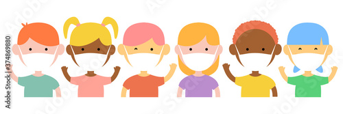Diverse multicultural children set wearing in protective medical masks on quarantine. Disease, flu, contaminated air, world pollution, pandemic concept. Vector illustration in a flat style isolated