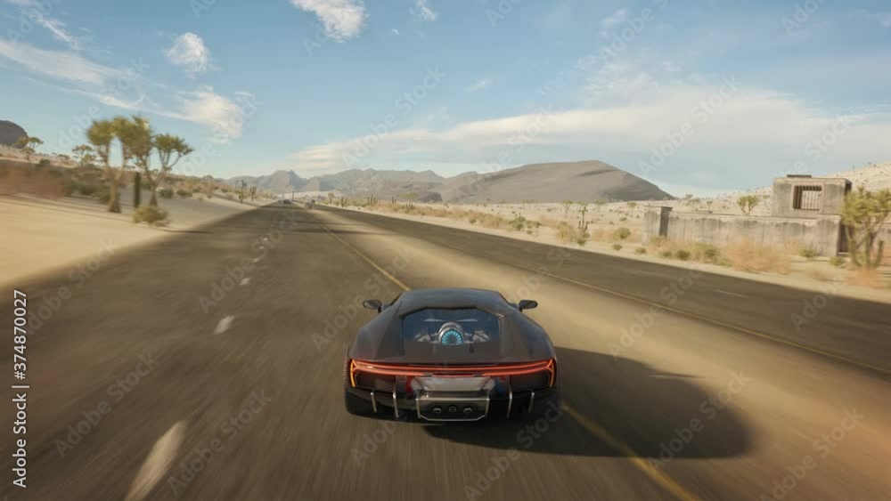 Fake 3D video game without hud. Cyber race gameplay running across the desert