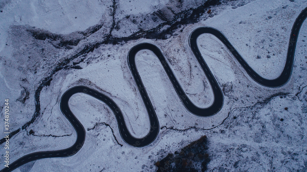 Aerial view of a curvy serpentine road