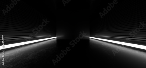 Fototapeta Naklejka Na Ścianę i Meble -  Dark hall with bright white neon lights on a black background. 3d rendering image.