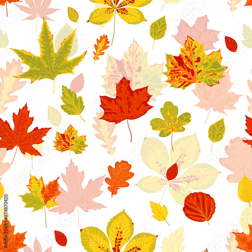 Seamless forest pattern with autumn leaves. Fall background. Vector wallpaper.