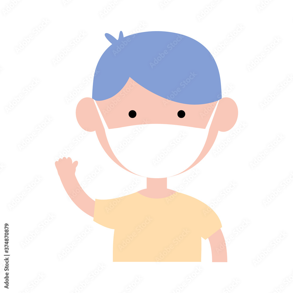 Cute little boy wearing in protective medical mask. Cartoon happy boy vector illustration isolated on white. Cute little boy wearing in protective medical mask. Cartoon happy boy vector illustration isolated on white.