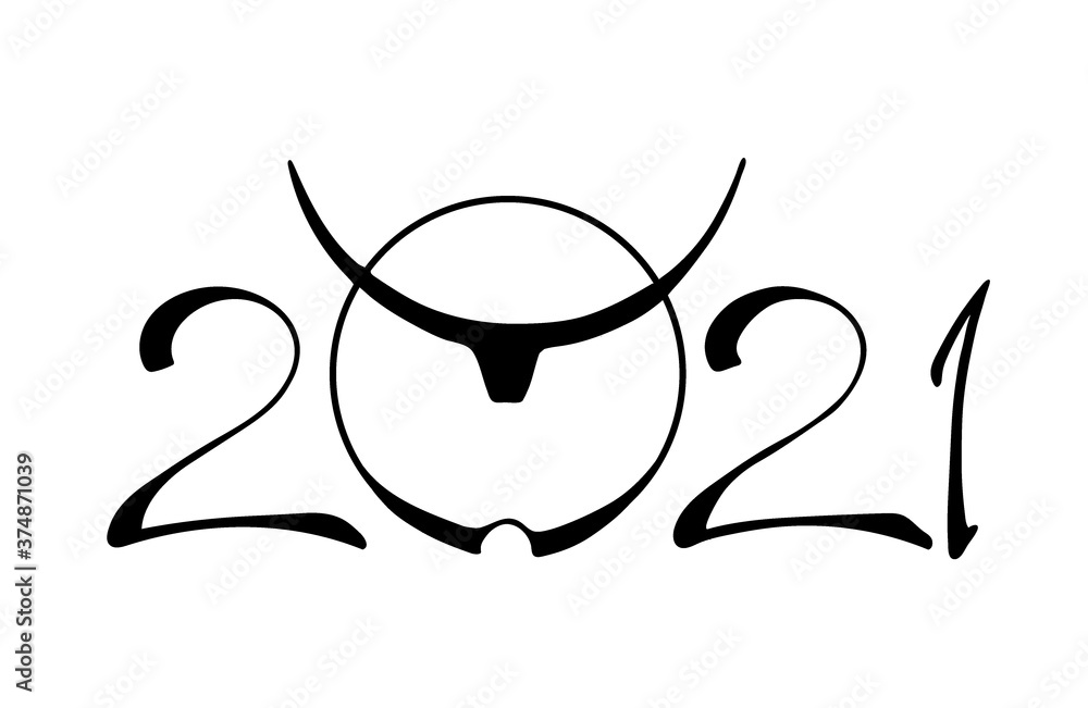 Vector drawing of a bull with a red sunrise, with big horns, linear drawing in retro style, Chinese Happy New Year 2021. logo, poster with the symbol of 2021 bull, buffalo, cow. Lunar horoscope sign.