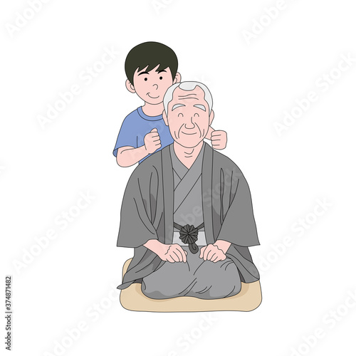 おじいさんの肩を叩く孫