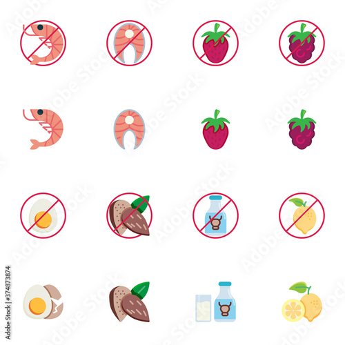 Allergen food collection, Allergic reaction flat icons set, Colorful symbols pack contains - particular food, seafood, citrus, lactose free milk egg. Vector illustration. Flat style design