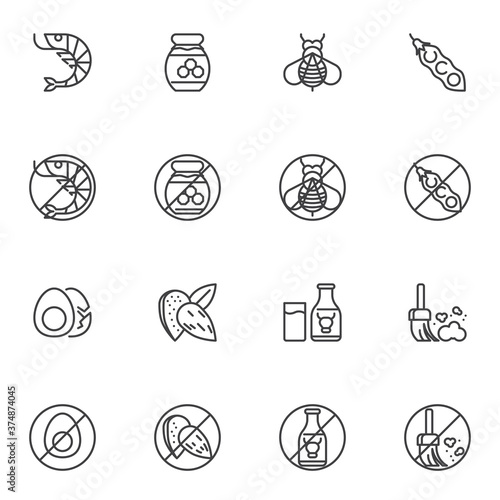 Allergen food line icons set, allergy symptoms outline vector symbol collection, linear style pictogram pack. Signs logo illustration. Set includes icons as seafood prohibition sign, lactose free milk