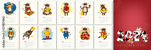 2021 calendar design with bull with hobbies in different seasons of the year. Calendar design concept with kawaii cartoon bull, cute bull or cow, new year symbol. Set of 12 months 2021 pages. 