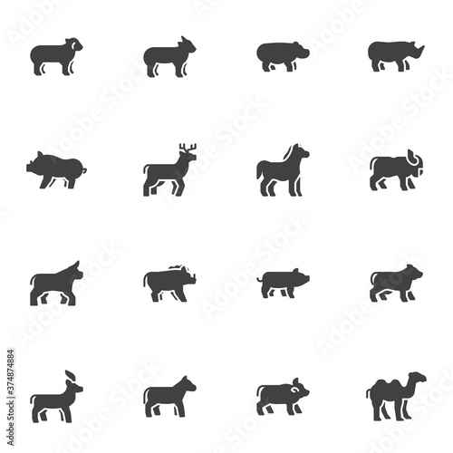 Mammal animals vector icons set, modern solid symbol collection, filled style pictogram pack. Signs, logo illustration. Set includes icons as horse, camel, hippopotamus, sheep, goat, bison, bull, deer