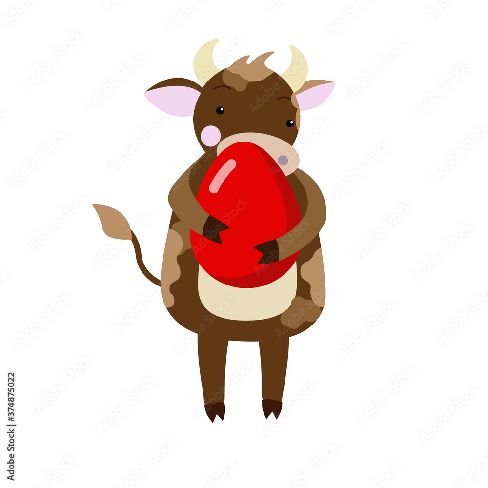 Fototapeta premium Cute goby with a red Easter egg. Vector image on a white background. Happy easter in the year of the bull.