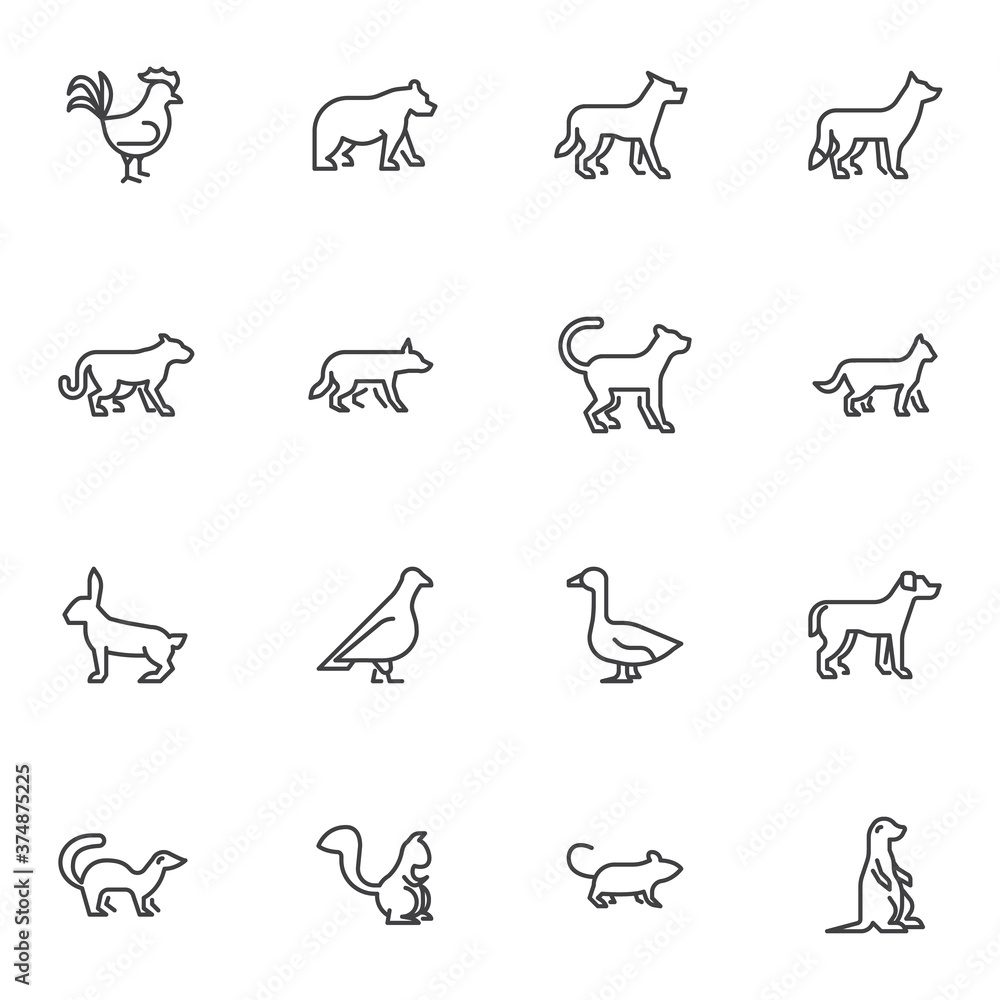 Zoo animals line icons set, outline vector symbol collection, linear style pictogram pack. Signs, logo illustration. Set includes icons as grizzly bear, wolf, bird, cat, dog, fox, squirrel, marmot Zoo animals line icons set, outline vector symbol collection, linear style pictogram pack. Signs, logo illustration. Set includes icons as grizzly bear, wolf, bird, cat, dog, fox, squirrel, marmot