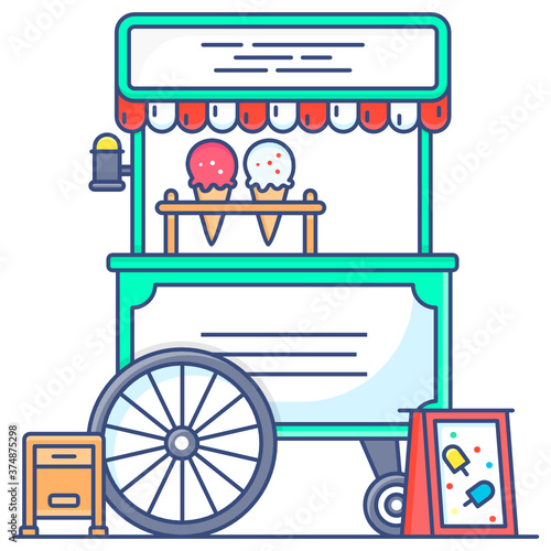 
Street seller’s vehicle ice cream cart icon in flat style 
