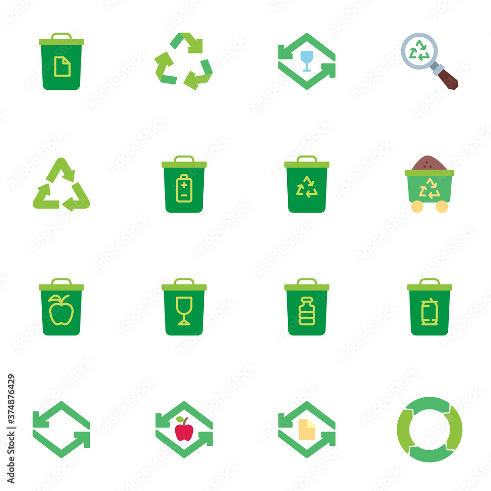 Recycle waste elements collection, recycling trash flat icons set, Colorful symbols pack contains - organic waste, plastic garbage, battery. Vector illustration. Flat style design Recycle waste elements collection, recycling trash flat icons set, Colorful symbols pack contains - organic waste, plastic garbage, battery. Vector illustration. Flat style design