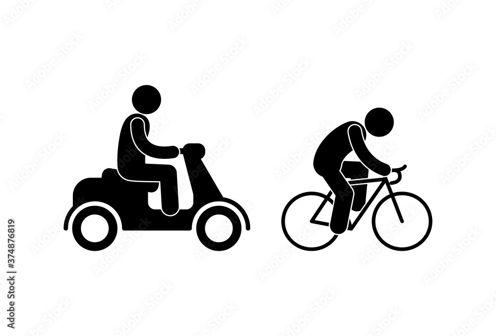 motorcyclist and cyclist icons, isolated pictograms, bike and moped, stick figure people