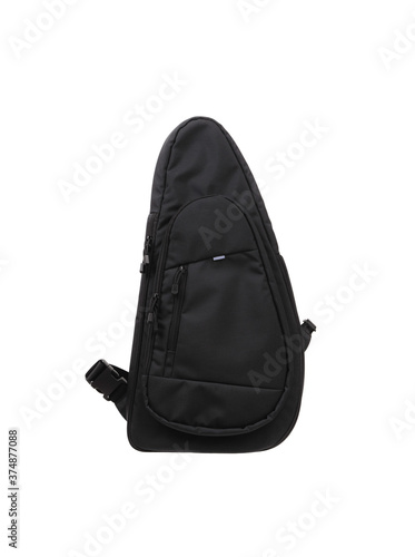 Small backpack with one shoulder strap. Black shoulder bag isolate on a white back.