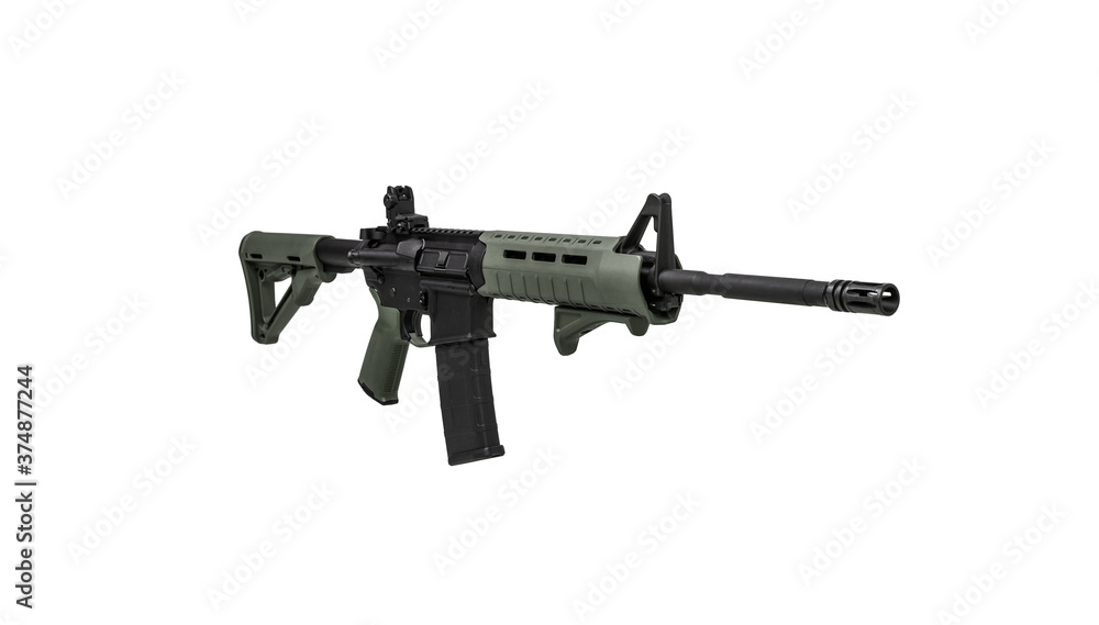 Modern automatic rifle isolated on white background. Weapons for police, special forces and the army. Automatic carbine with mechanical sights. Assault rifle on white.