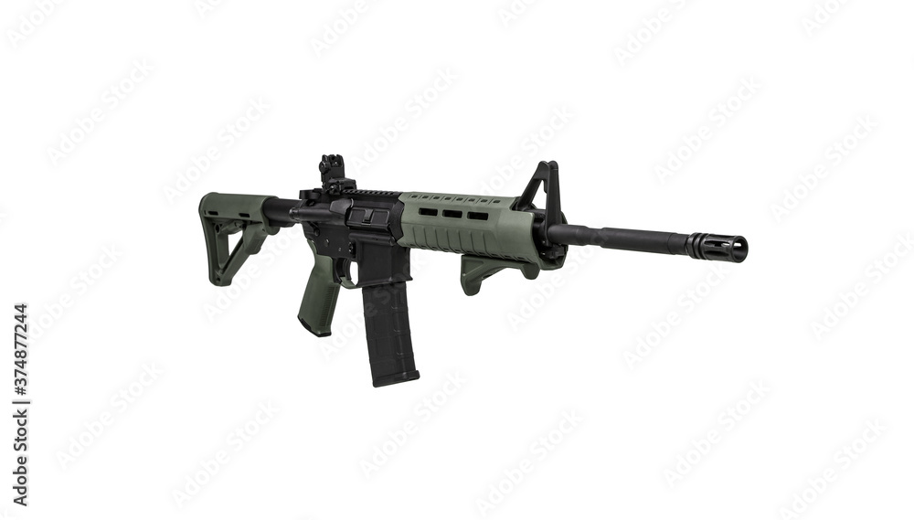 Modern automatic rifle isolated on white background. Weapons for police, special forces and the army. Automatic carbine with mechanical sights. Assault rifle on white. Modern automatic rifle isolated on white background. Weapons for police, special forces and the army. Automatic carbine with mechanical sights. Assault rifle on white.