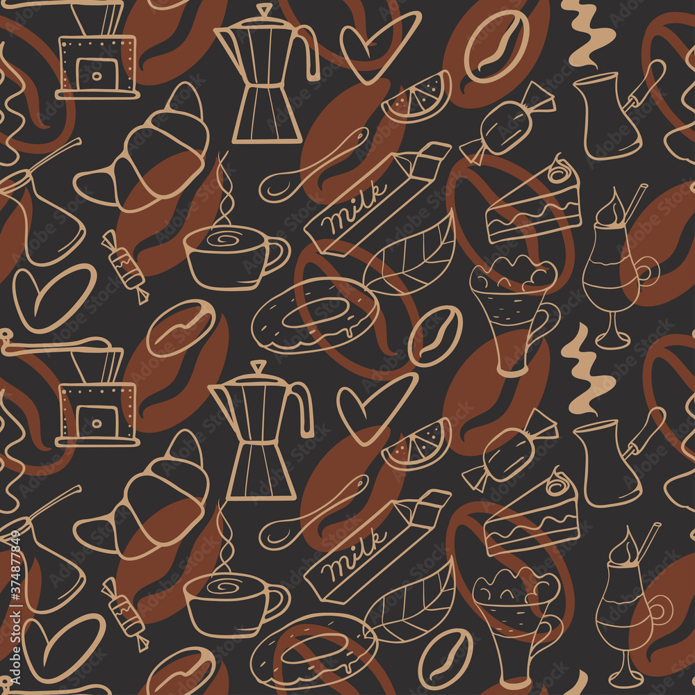 coffee background - pattern of coffee-themed items - beans, coffee maker, coffee grinder, sweets, milk